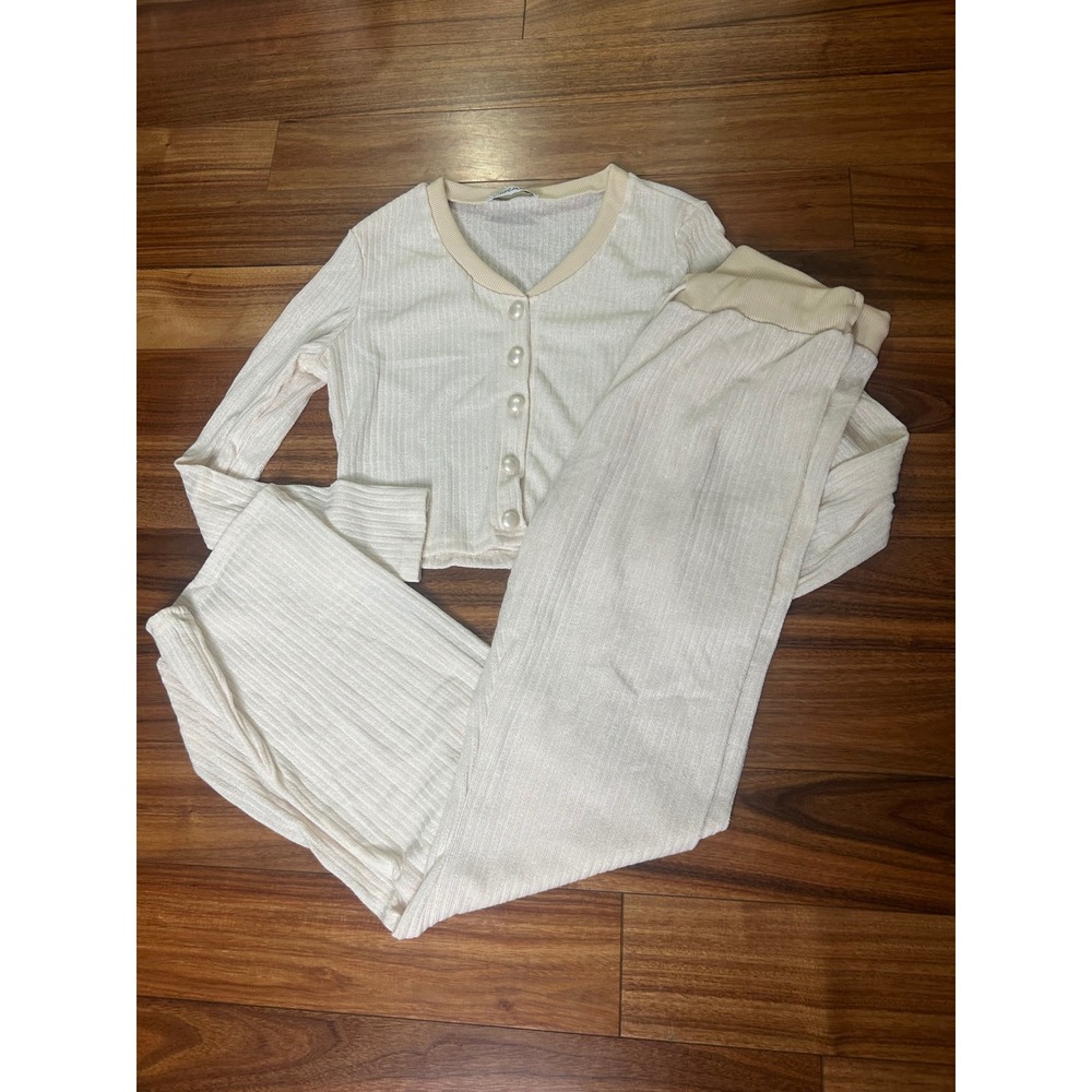 Mirage Lounge Set Ribbed Knit cropped Cardigan‎ Pants Pearl Button Cream medium